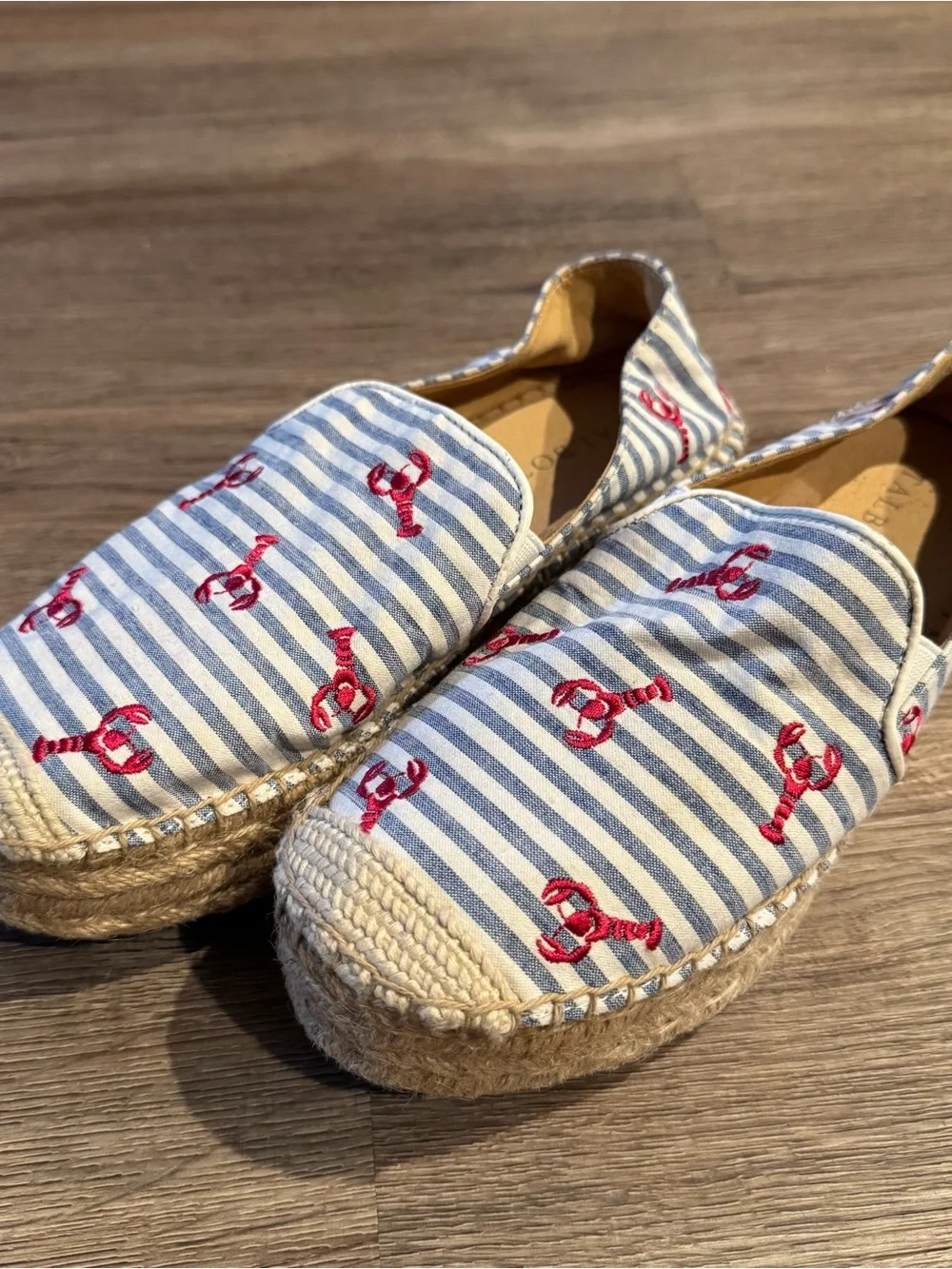 Talbots Blue and White Striped Slip-On Espadrilles with Embroidered Lobsters